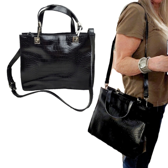 Preston & York Handbags - Preston & York EUC Blk Croc Emssd Satchel/Crssbdy